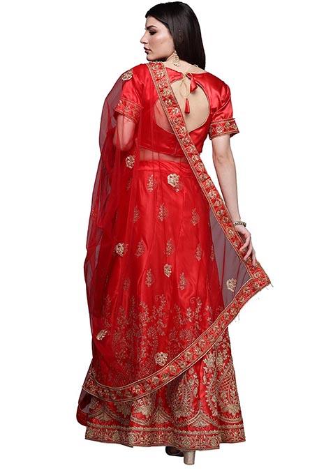 Red Embroidered Satin Silk Lehenga Set