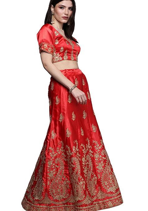 Red Embroidered Satin Silk Lehenga Set