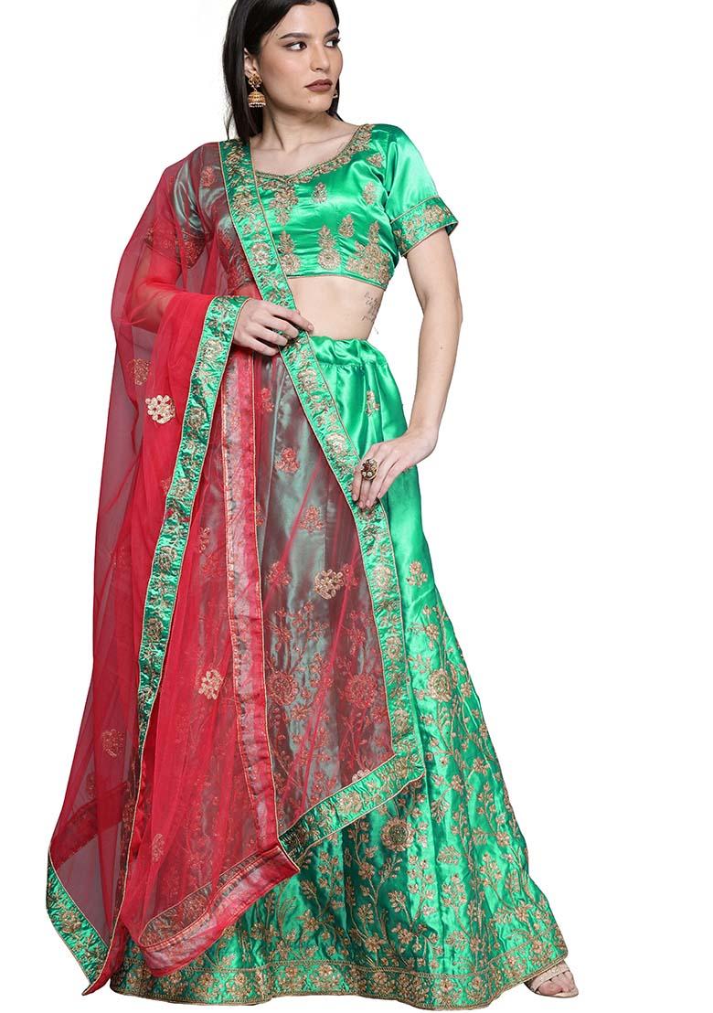 Green Embroidered Satin Silk Lehenga Set