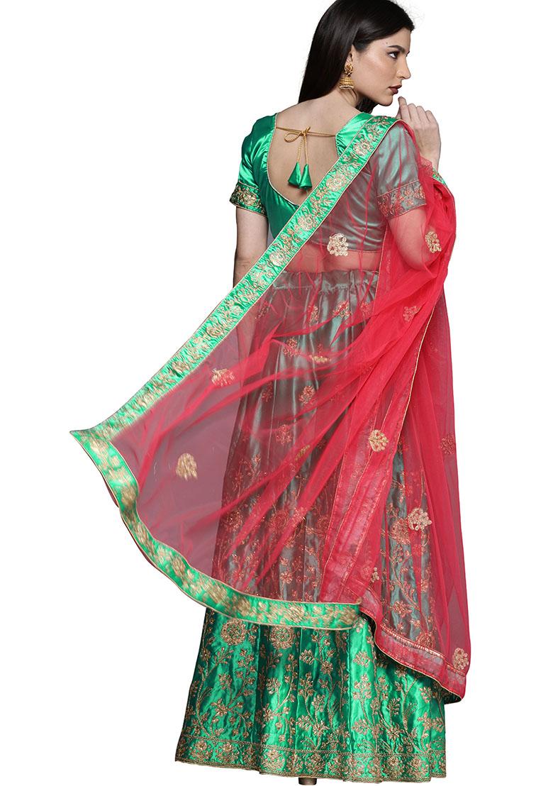 Green Embroidered Satin Silk Lehenga Set