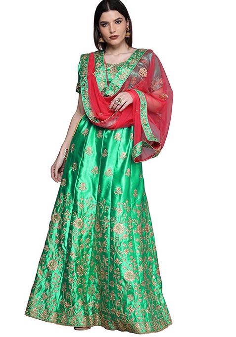 Green Embroidered Satin Silk Lehenga Set