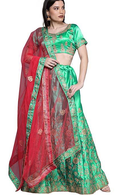 Green Embroidered Satin Silk Lehenga Set