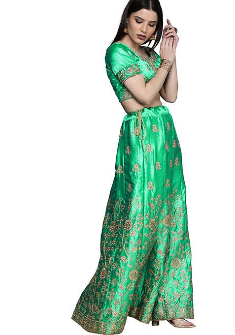 Green Embroidered Satin Silk Lehenga Set