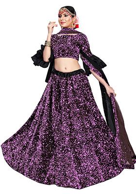 Black And Purple Sequin Embroidered Velvet Lehenga Set