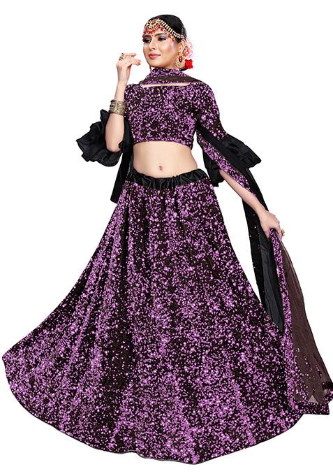 Black And Purple Sequin Embroidered Velvet Lehenga Set