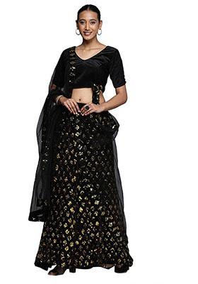 Gold And Black Sequin Embroidered Velvet Lehenga Set