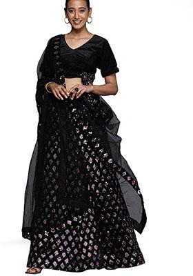 Purple And Black Sequin Embroidered Velvet Lehenga Set