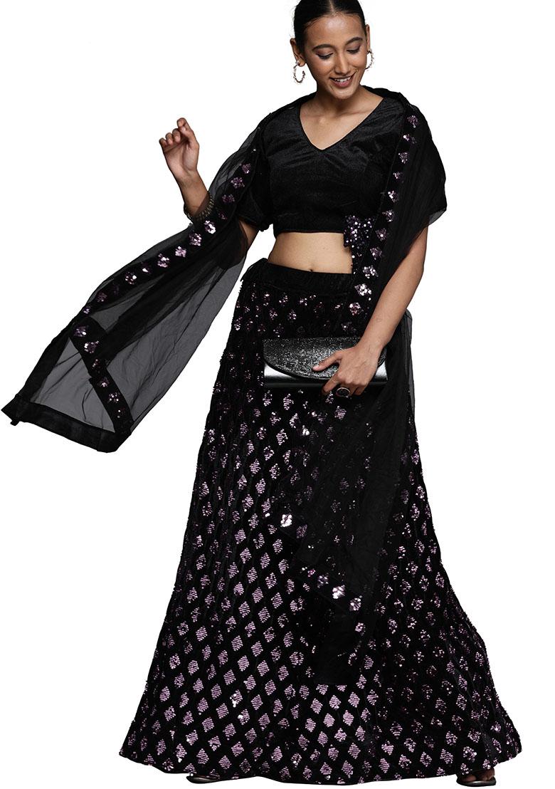 Purple And Black Sequin Embroidered Velvet Lehenga Set