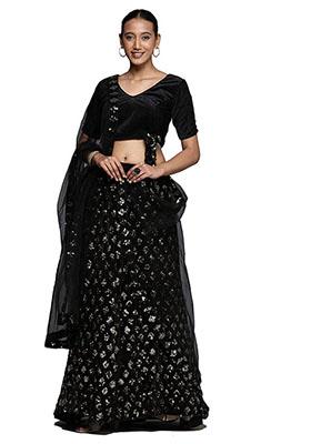 Silver And Black Sequin Embroidered Velvet Lehenga Set