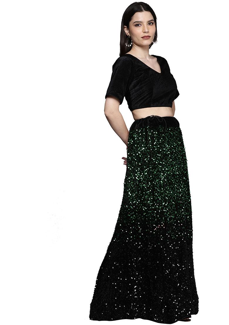 Green And Black Sequin Embroidered Velvet Lehenga Set - Indya