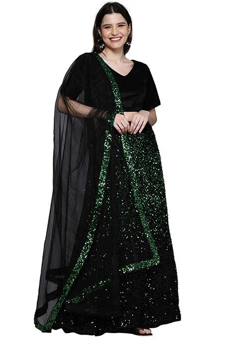 Green And Black Sequin Embroidered Velvet Lehenga Set