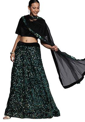 Golden And Green Sequin Embroidered Velvet Lehenga Set