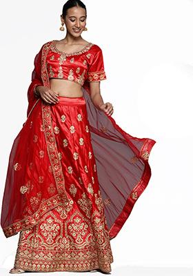Red Embroidered Satin Silk Lehenga Set