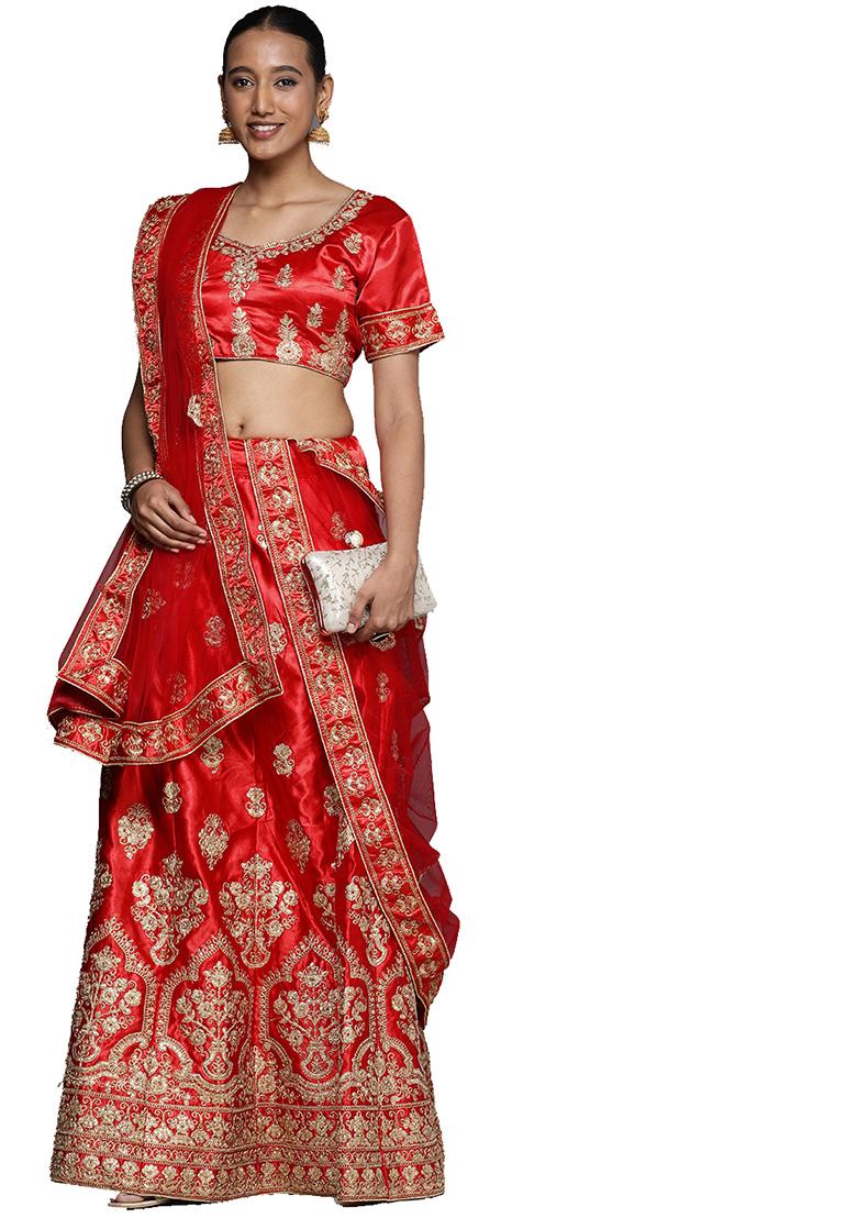Red Embroidered Satin Silk Lehenga Set