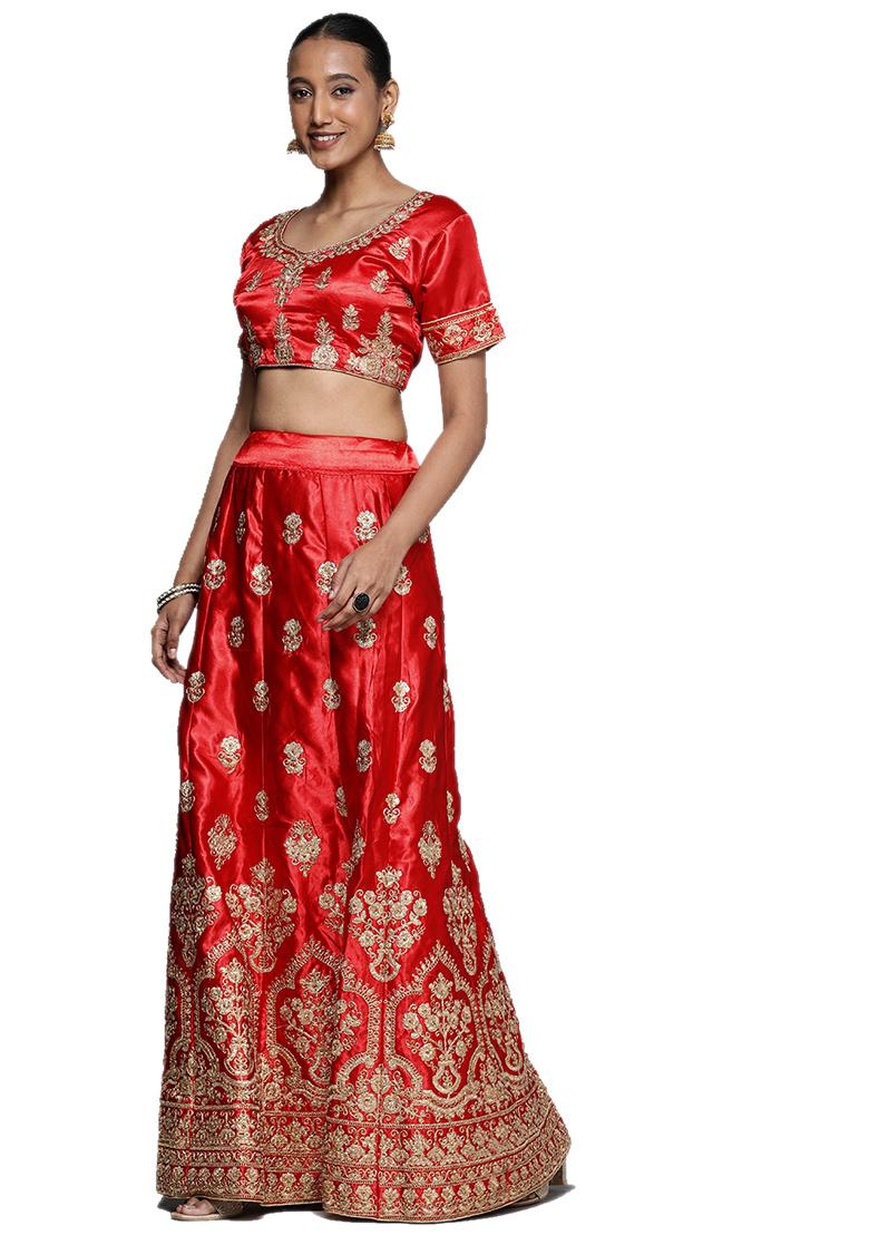 Red Embroidered Satin Silk Lehenga Set