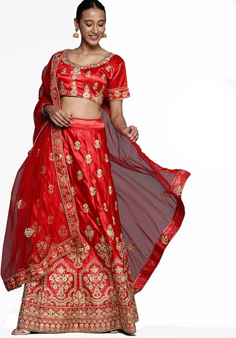 Red Embroidered Satin Silk Lehenga Set