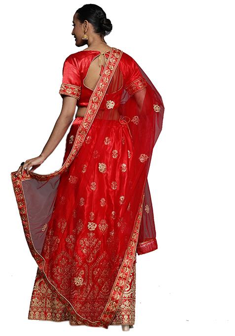 Red Embroidered Satin Silk Lehenga Set