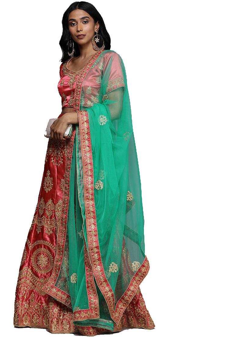 Pink Embroidered Satin Silk Lehenga Set