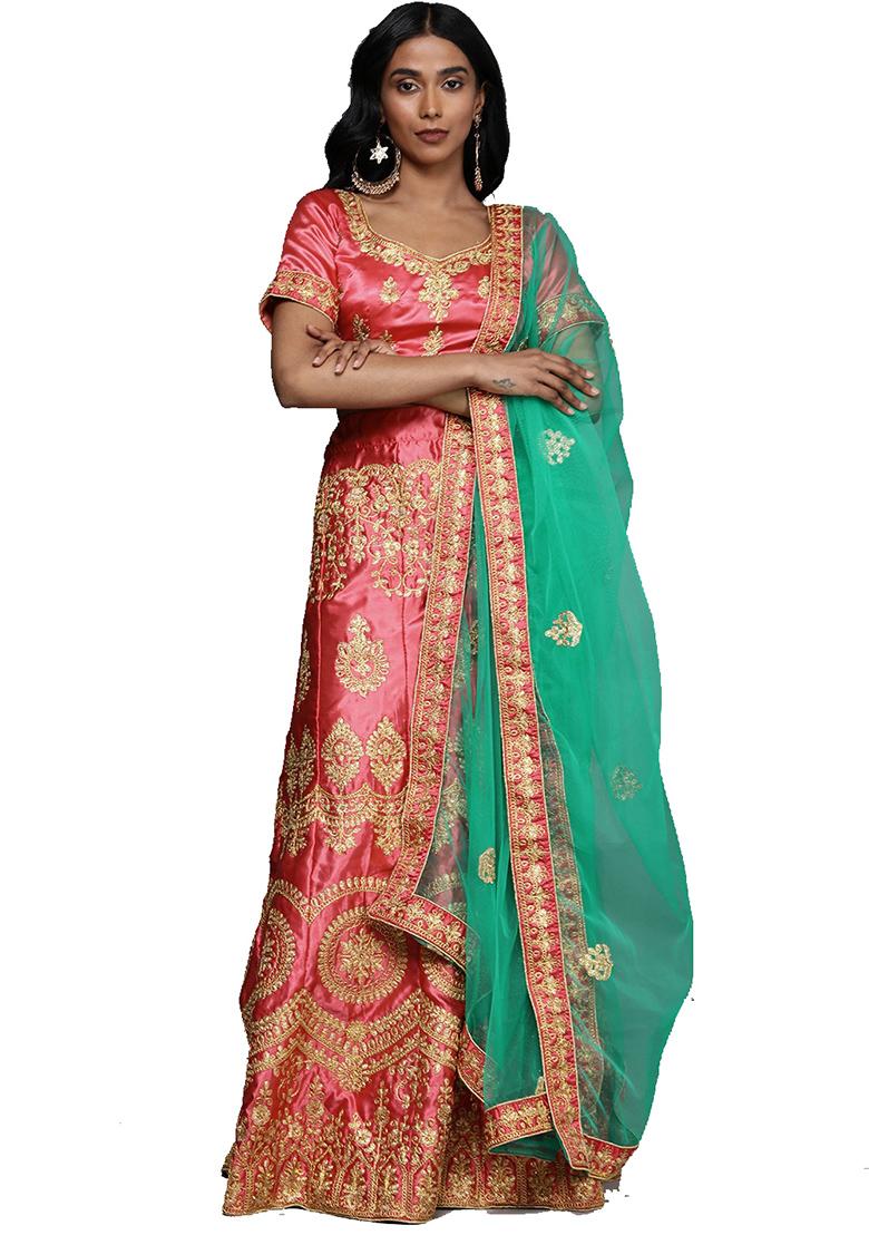 Pink Embroidered Satin Silk Lehenga Set