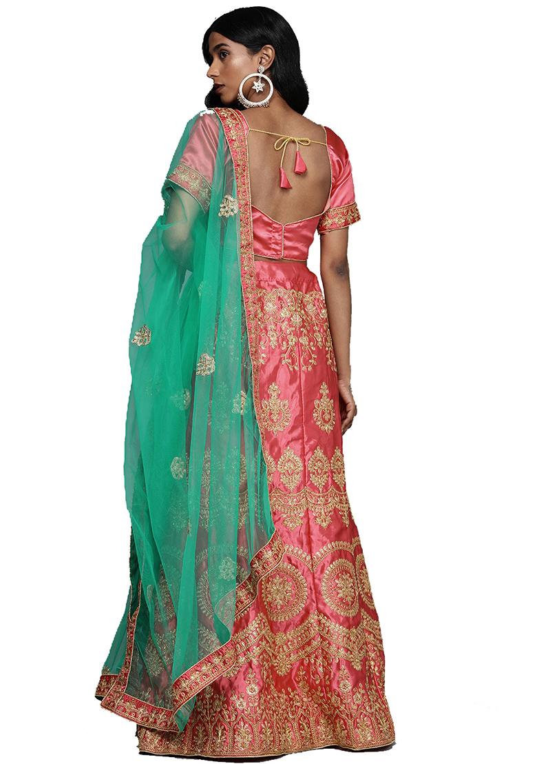 Pink Embroidered Satin Silk Lehenga Set