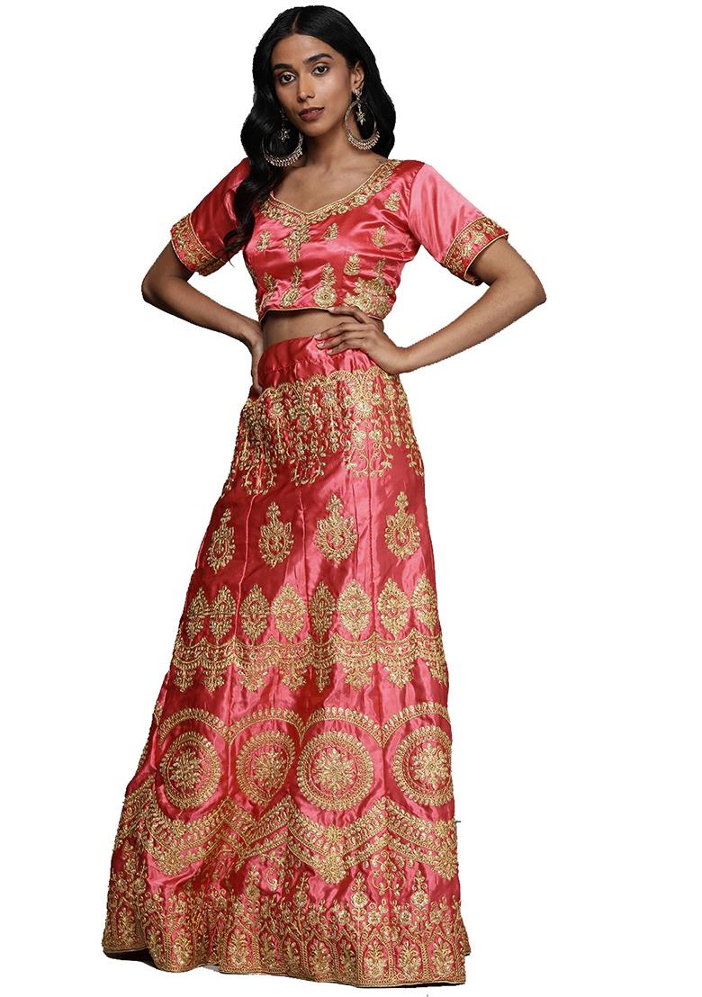 Pink Embroidered Satin Silk Lehenga Set