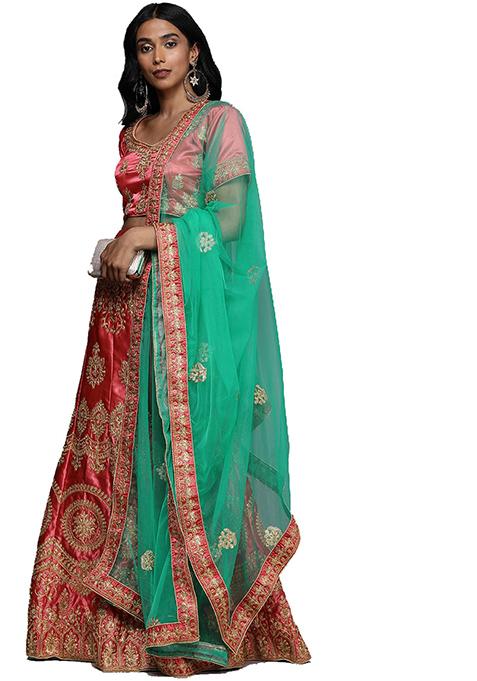 Pink Embroidered Satin Silk Lehenga Set