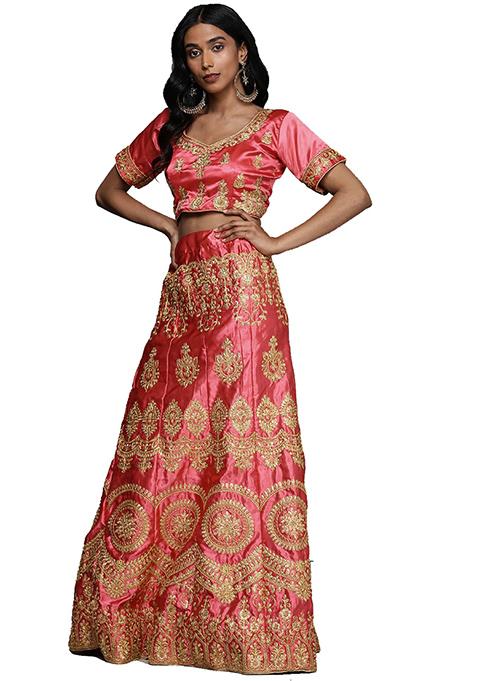 Pink Embroidered Satin Silk Lehenga Set