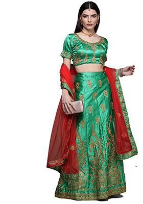Green Embroidered Satin Silk Lehenga Set