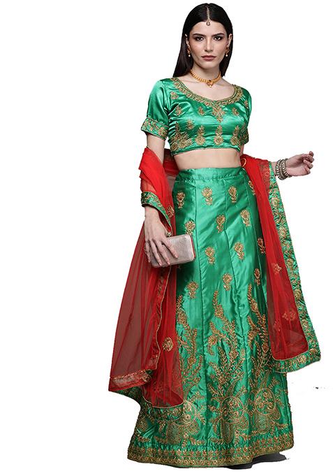 Green Embroidered Satin Silk Lehenga Set