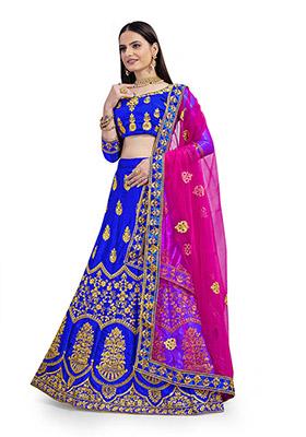 Royal Blue Embroidered Satin Silk Lehenga Set