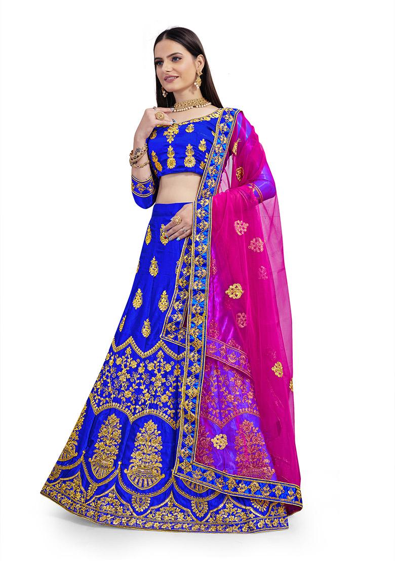Royal Blue Embroidered Satin Silk Lehenga Set