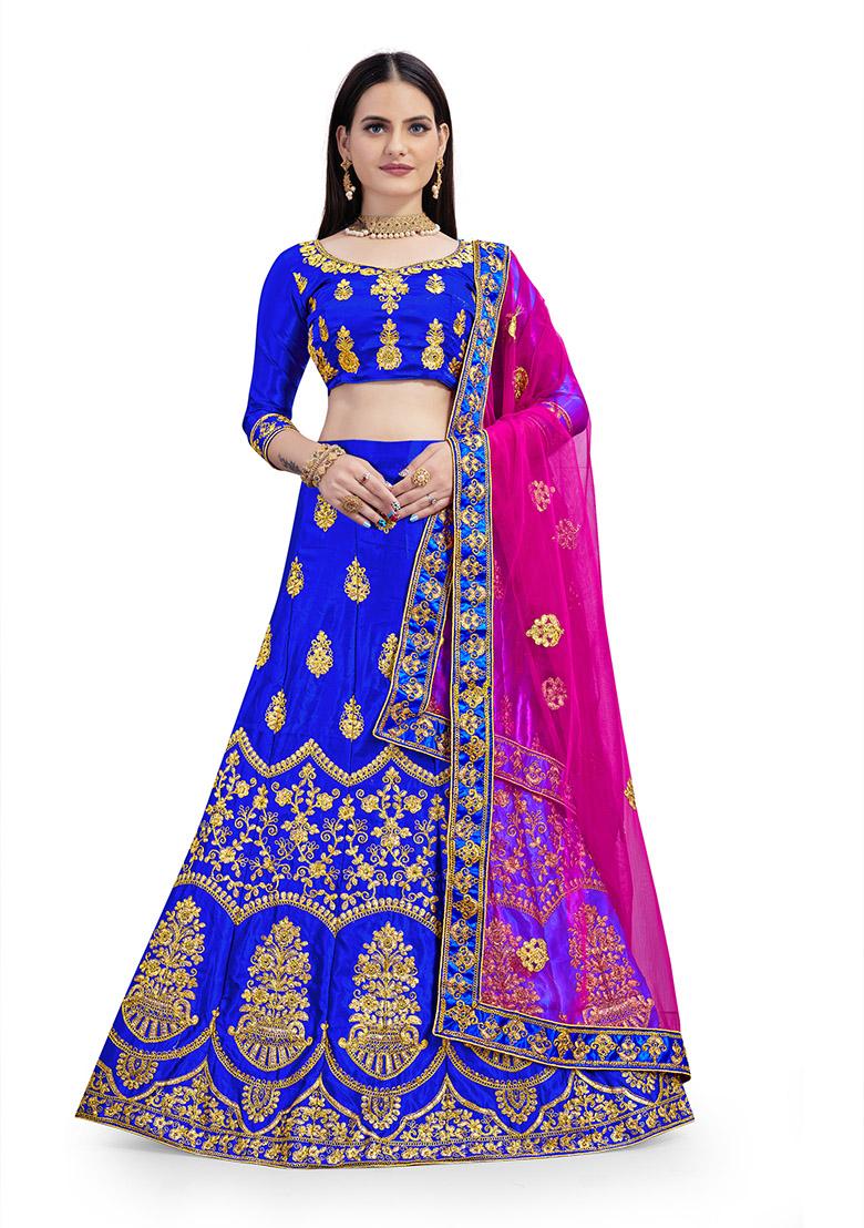 Royal Blue Embroidered Satin Silk Lehenga Set