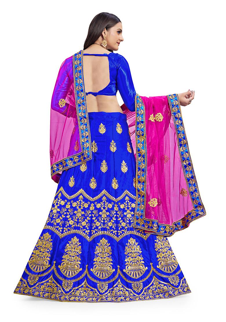 Royal Blue Embroidered Satin Silk Lehenga Set