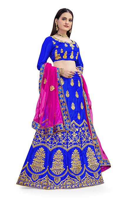 Royal Blue Embroidered Satin Silk Lehenga Set