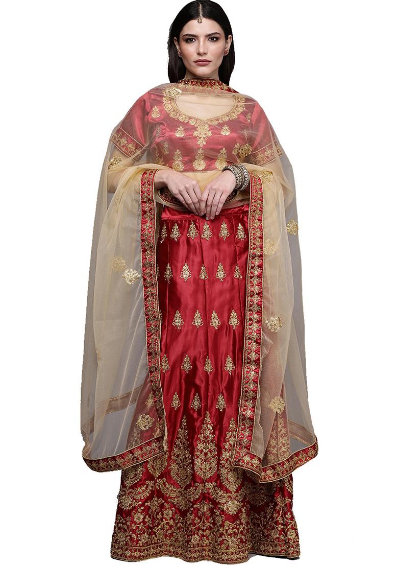 Maroon Embroidered Satin Silk Lehenga Set