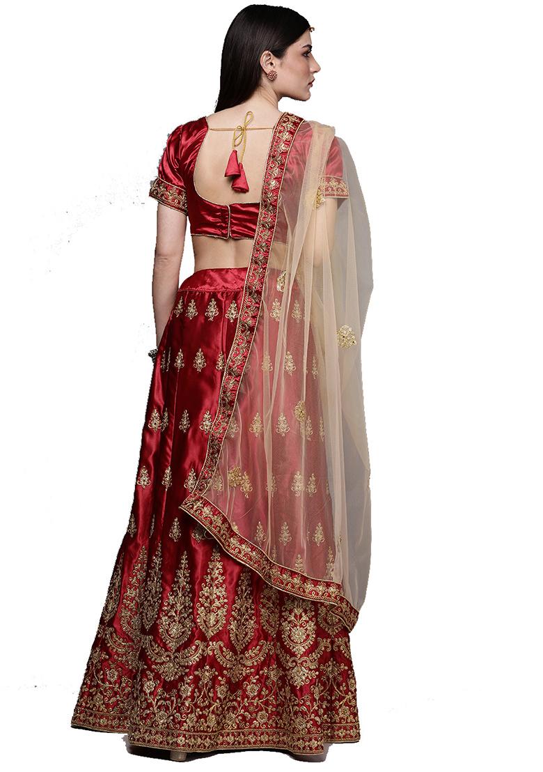 Maroon Embroidered Satin Silk Lehenga Set