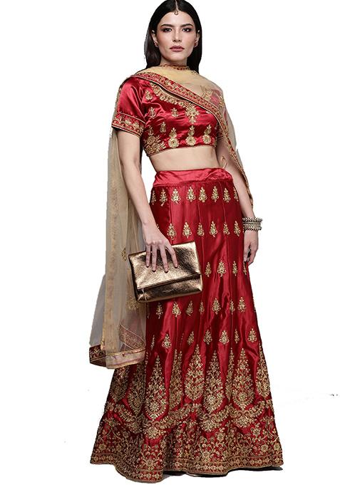 Maroon Embroidered Satin Silk Lehenga Set