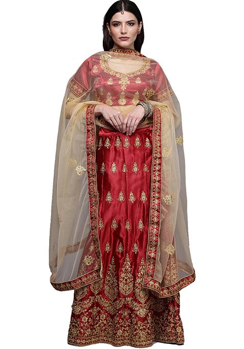 Maroon Embroidered Satin Silk Lehenga Set