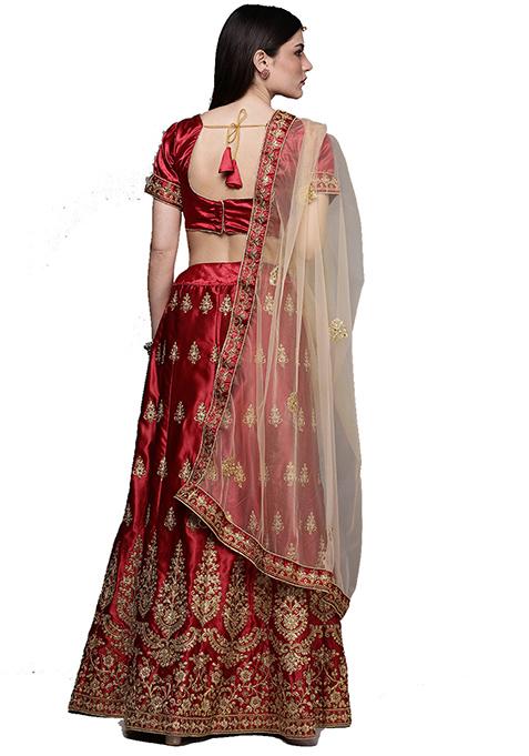 Maroon Embroidered Satin Silk Lehenga Set