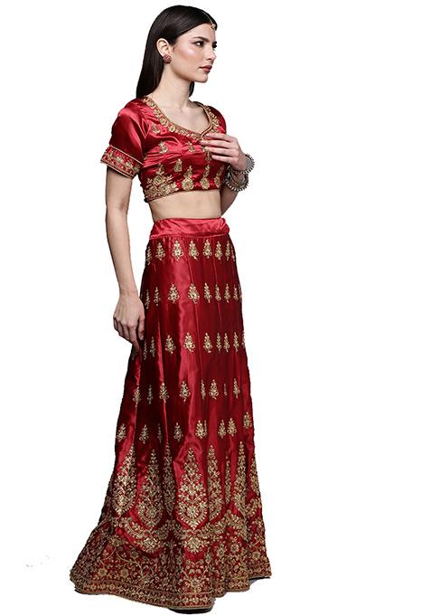 Maroon Embroidered Satin Silk Lehenga Set