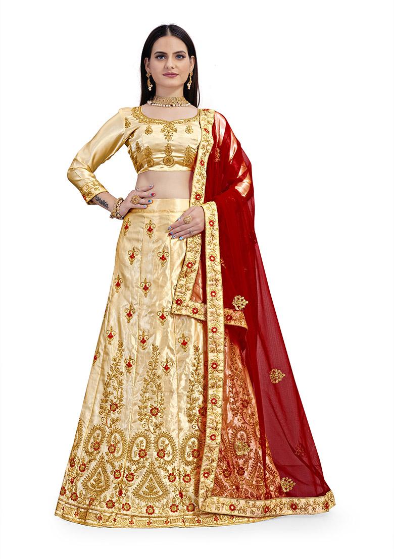 Cream Embroidered Satin Silk Lehenga Set