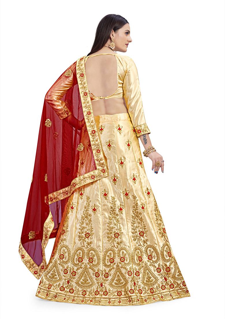 Cream Embroidered Satin Silk Lehenga Set