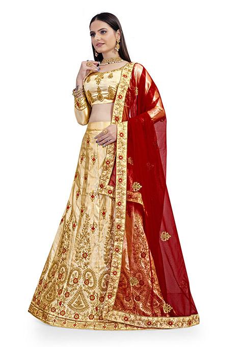 Cream Embroidered Satin Silk Lehenga Set