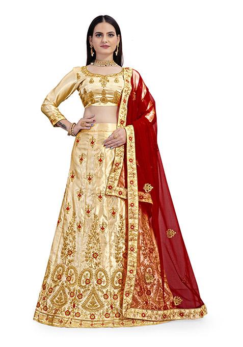 Cream Embroidered Satin Silk Lehenga Set