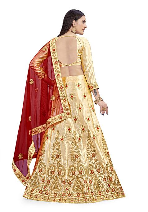 Cream Embroidered Satin Silk Lehenga Set