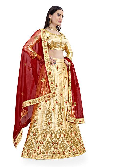 Cream Embroidered Satin Silk Lehenga Set