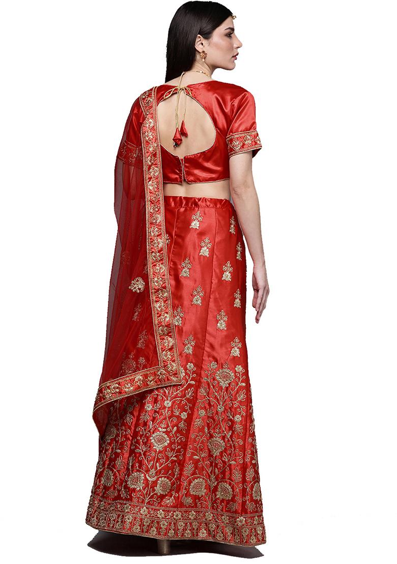 Red Embroidered Satin Silk Lehenga Set