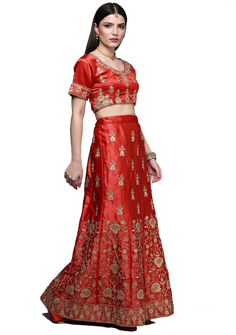 Red Embroidered Satin Silk Lehenga Set