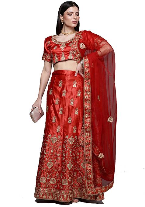 Red Embroidered Satin Silk Lehenga Set