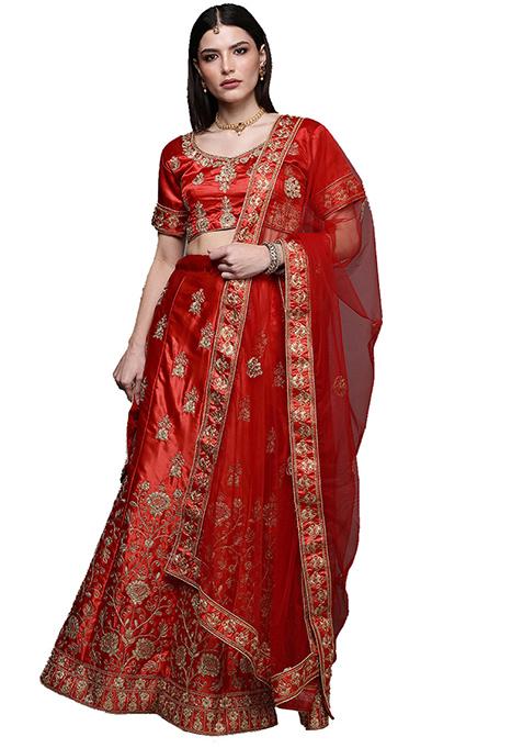 Red Embroidered Satin Silk Lehenga Set